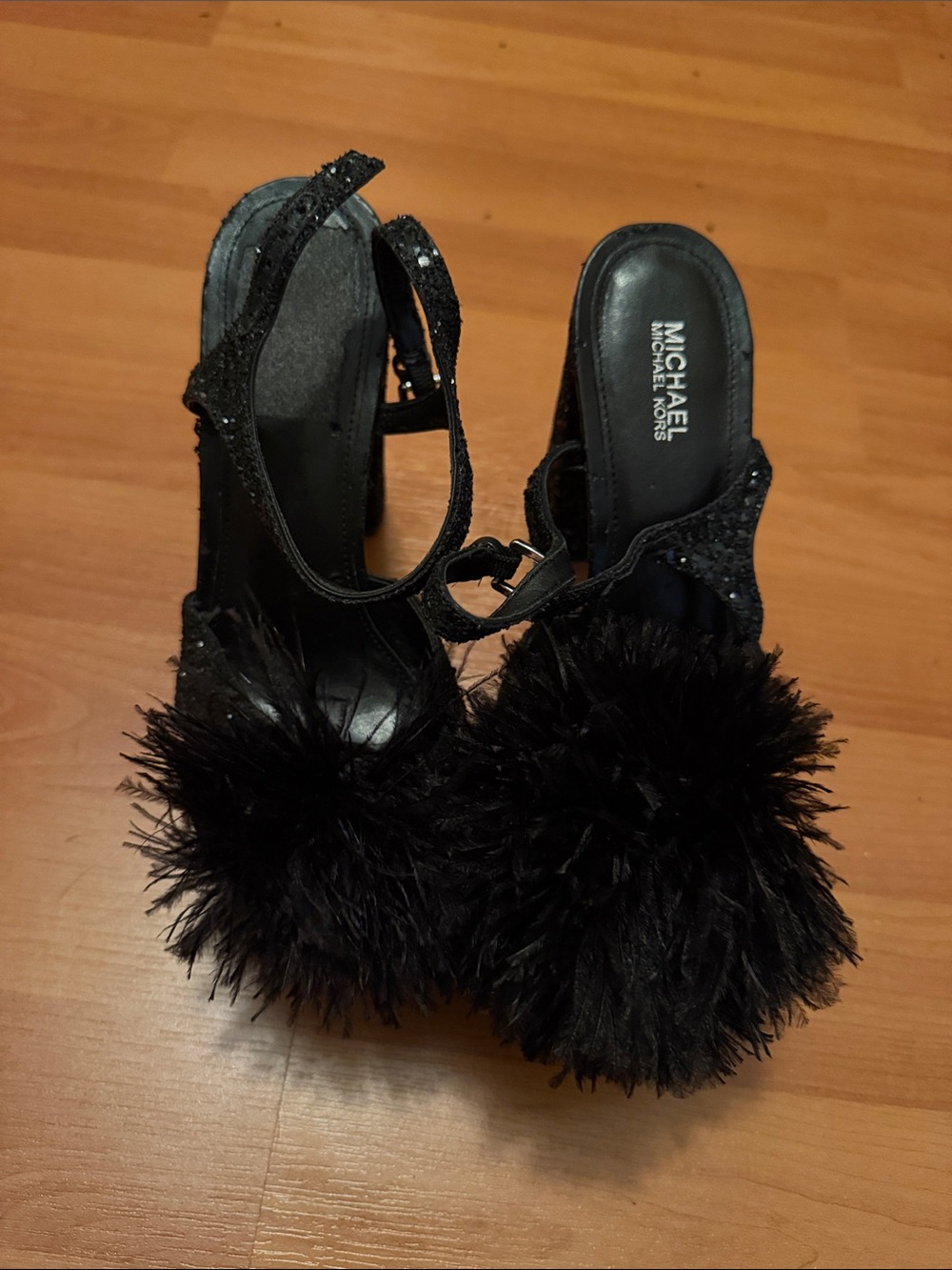 MICHAEL Michael Kors Black Feather Pom Slingback Heels